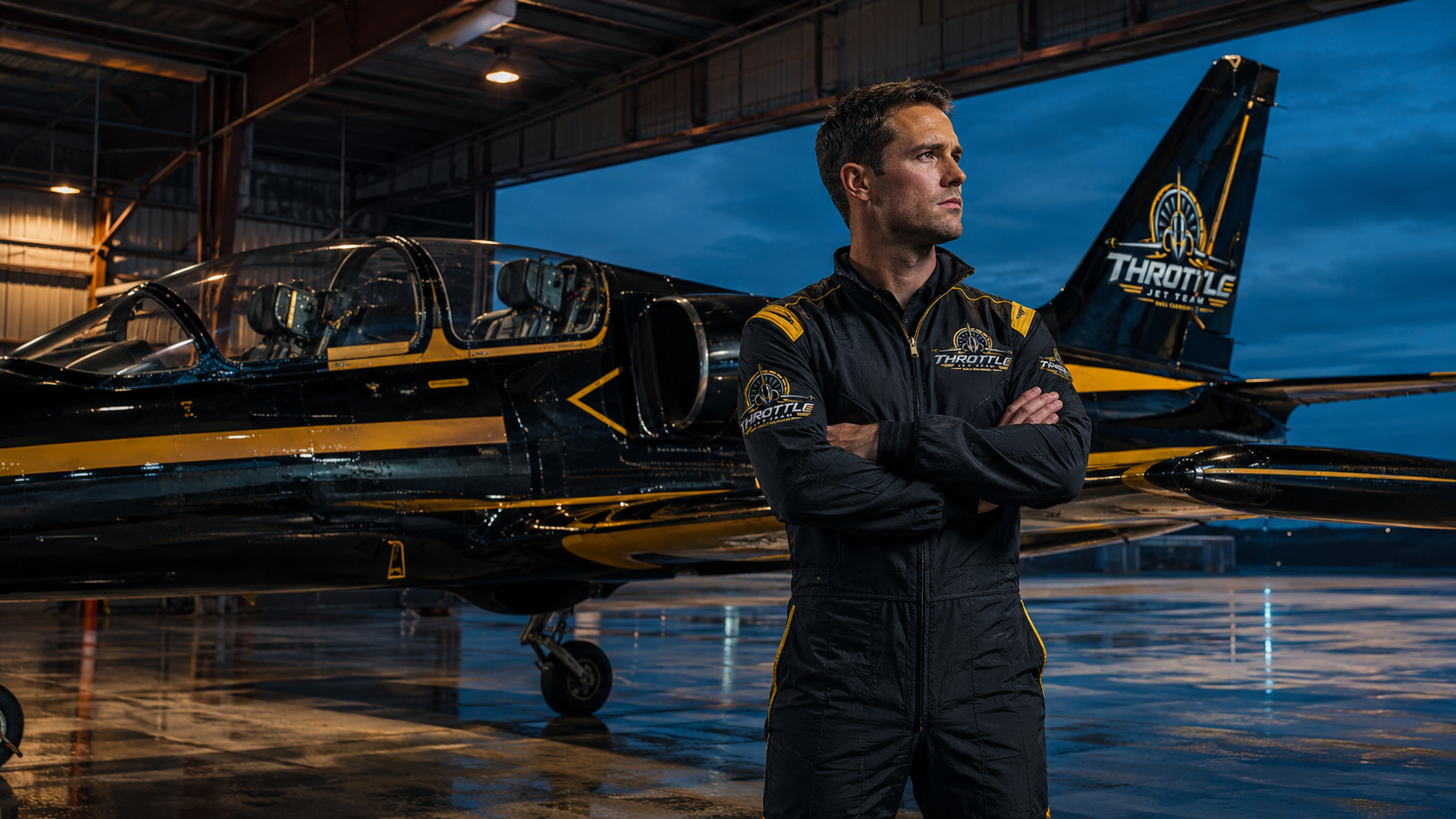 Throttle Jet Team L-39 on wet tarmac at twilight